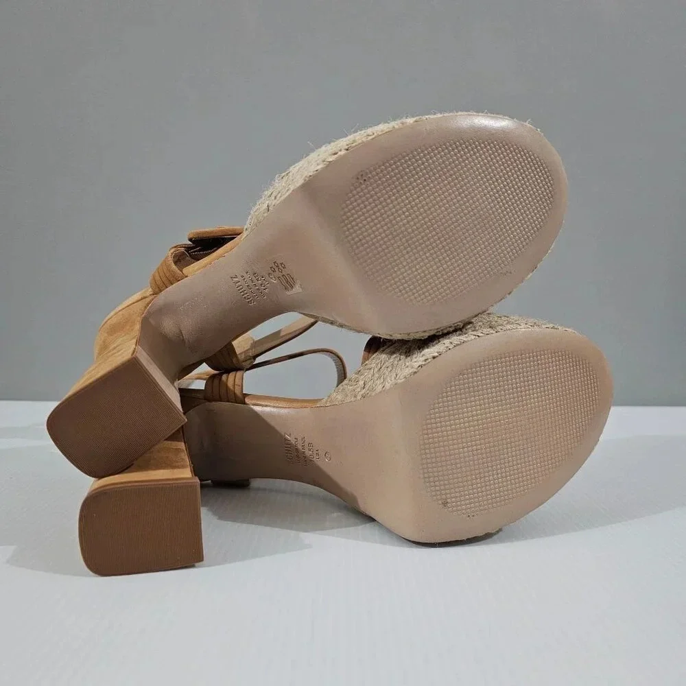 Schutz Blisse Platform Sandal Womens 10.5 Caramel Brown Suede Chunky Block Heel